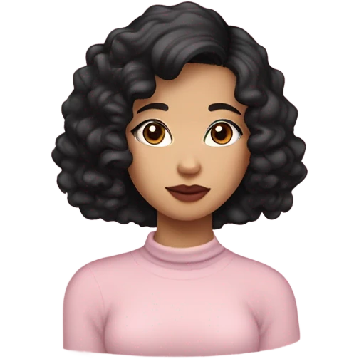 A girl with Asian features, fair skin, brown eyes, a mole, two m oles under each eye, slightly curly black hair, wearing a black turtleneck, and full lips. Curly shoulder-length hair, fair skin, softly pink lips, brown eyes, and Asian-shaped eyes. emoji