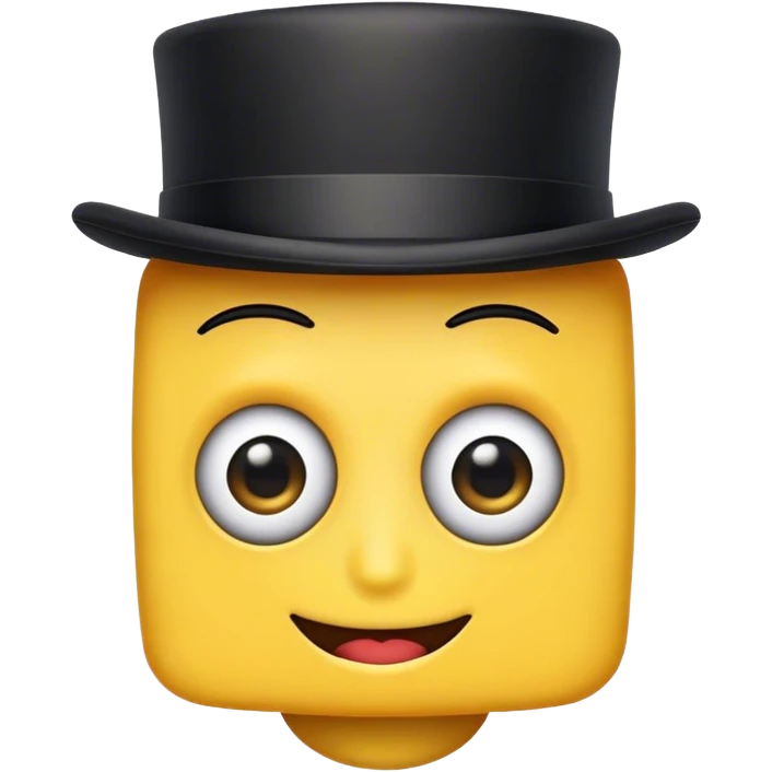 this is an emoji with yellow skin. with blocky head. with big eye and big mouth. and a black top hat. emoji