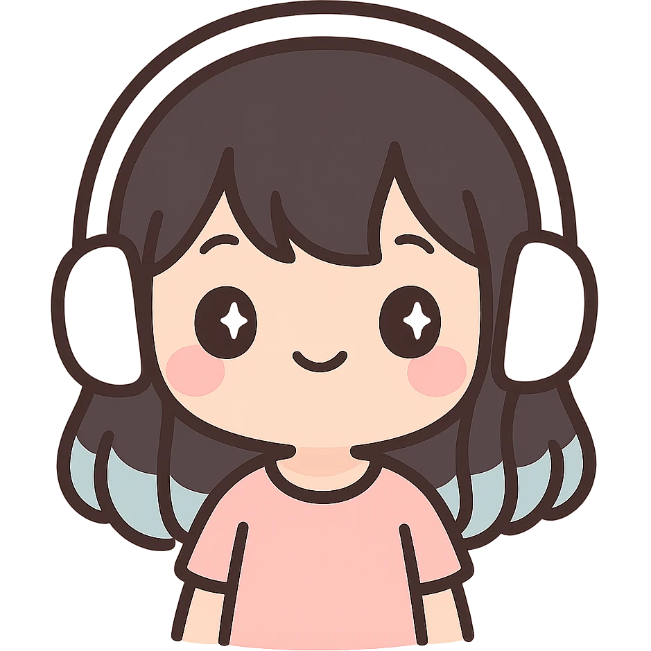 girl with medium black hair with blue tips wearing white headset, kawaii style emoji