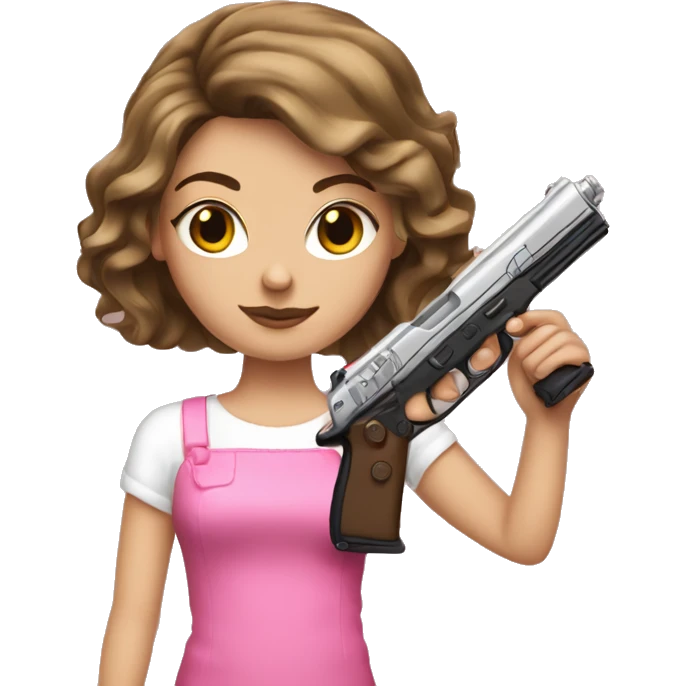 White Girl brown hair hand pink nails holding pink gun emoji