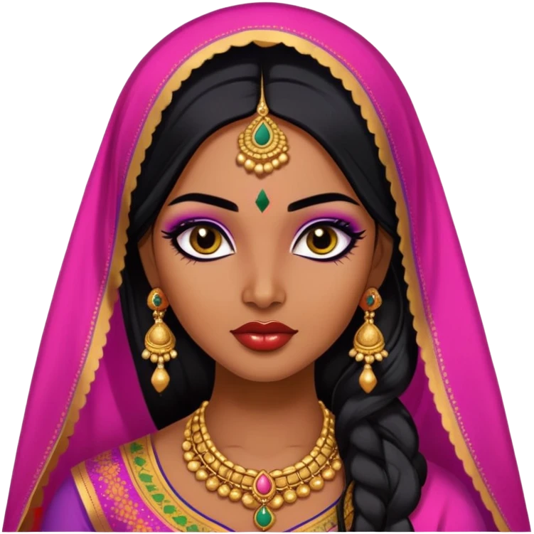 South indian, pretty lips, indian clothes, dupatta, very dark skin, long black hair, pretty bratz baddie, black eyeliner emoji