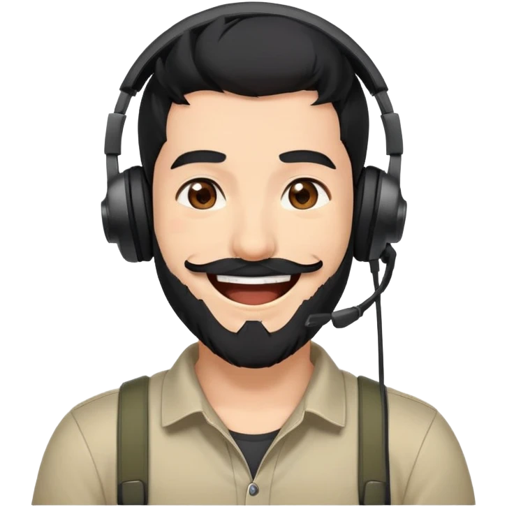 anime style laughing man with black hair, brown eyes, black beard wearing gaming headset emoji