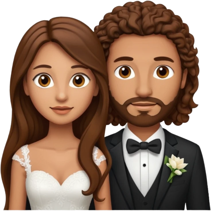 wedding couple woman with long straight brown hair and eyes man with long brown curly hair and facial hair emoji