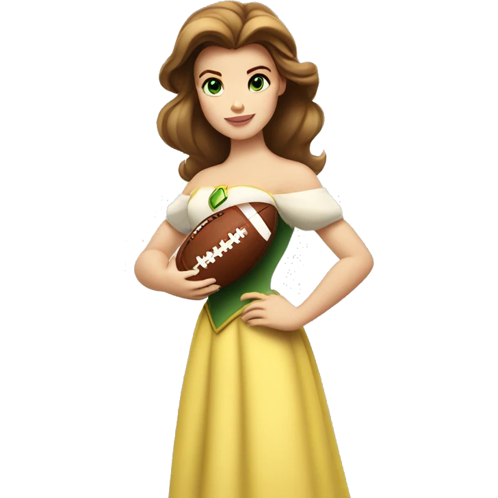 White Disney princess Belle with green eyes holding a football that has a #1 on it emoji