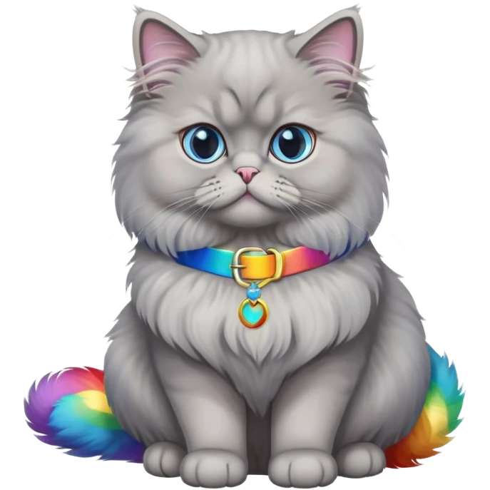 gray Persian cat full body sitting with blue eyes and rainbow belt emoji