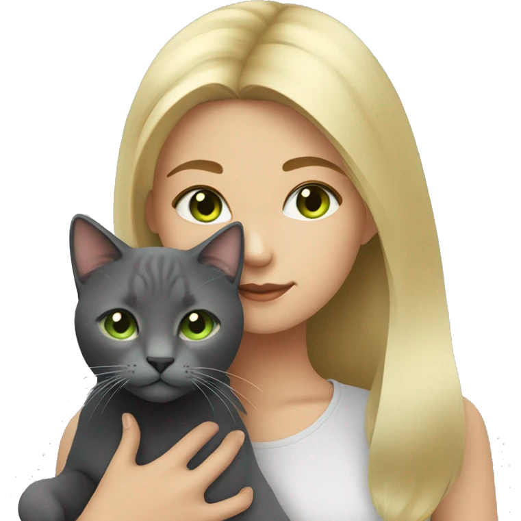 Girl with blonde hair and hazel eyes holding a dark grey cat with light green eyes emoji