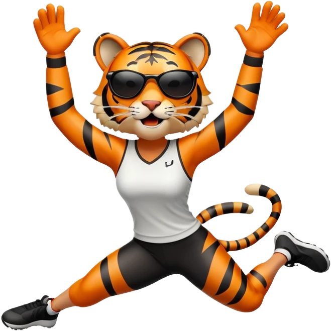 female energetic anthropomorphised tiger in sports clothes, wearing dark sunglasses, jumping with excitement, arms raised emoji