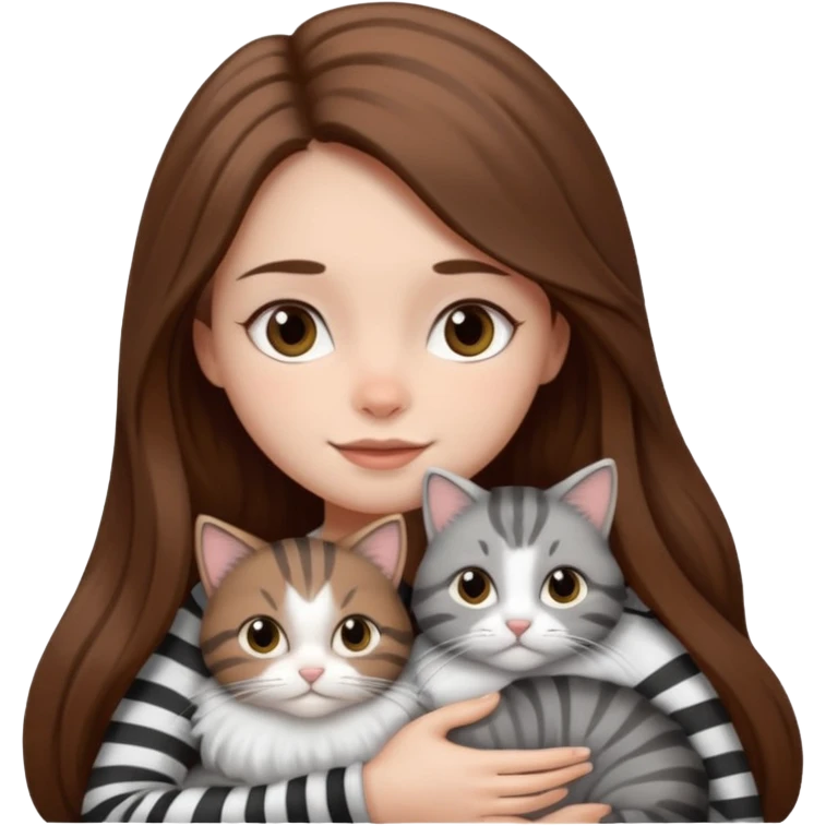 pretty girl with long brown hair snuggling 3 cats: grey and white, brown striped and black and white emoji