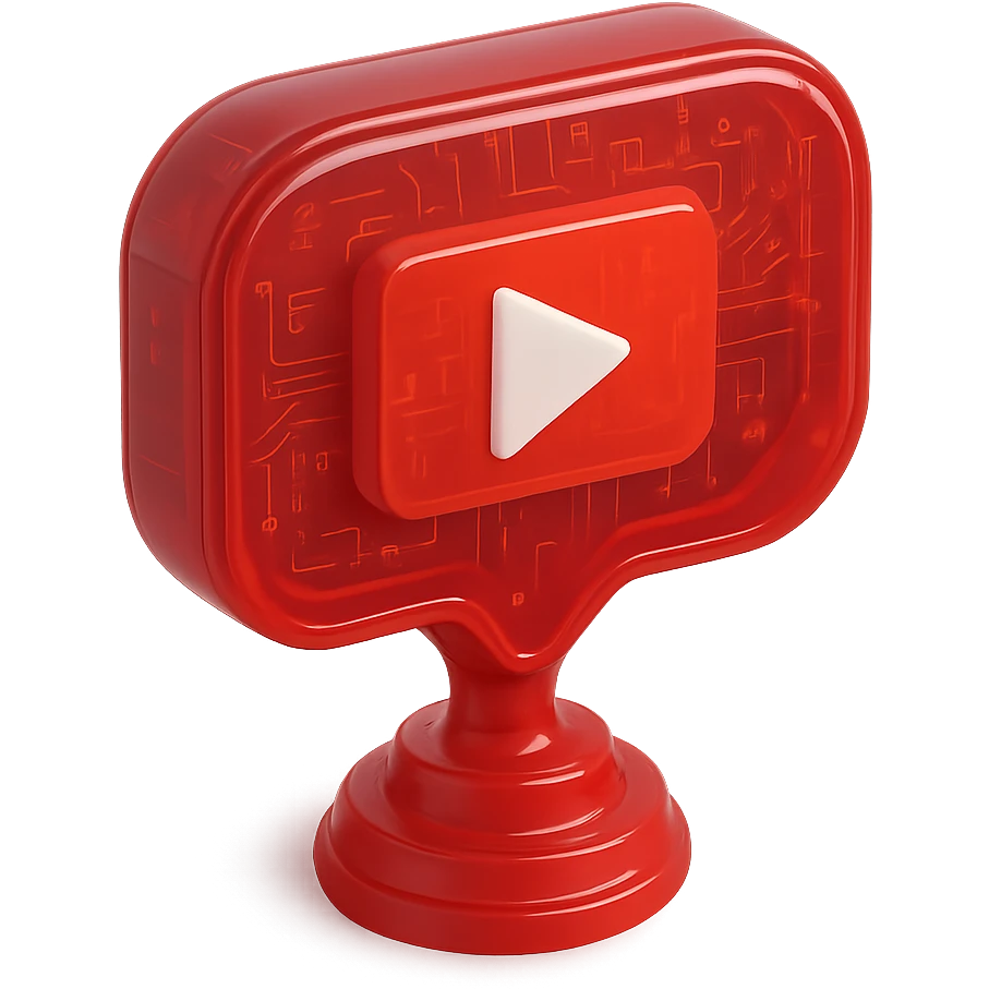 red speech bubble with a red YouTube play button, like a trophy, glossy circuit style emoji