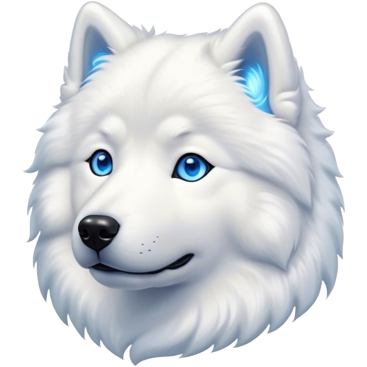 Cinematic Noble Samoyed Portrait Emoji, Poised and regal, with a majestic, sturdy build and a luxuriously fluffy pure white Fur, deep-set soulful blue eyes, Simplified yet sharp and sophisticated features, highly detailed, glowing with a soft, dignified glow, high shine, intelligent and gentle, stylized with an air of elegance, focused and attentive, soft glowing outline, capturing the essence of a watchful and confident companion, so majestic it feels as though it could bound out of the screen with effortless authority! emoji