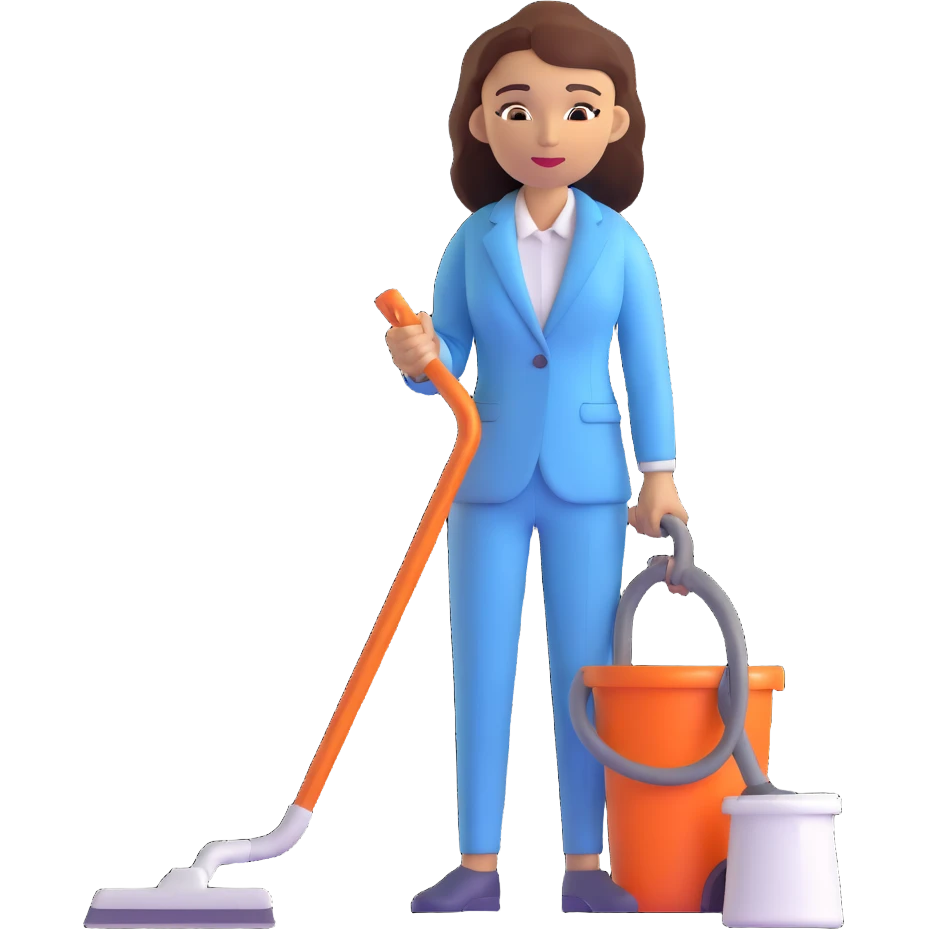 light-skinned woman in a light blue suit cleaning emoji
