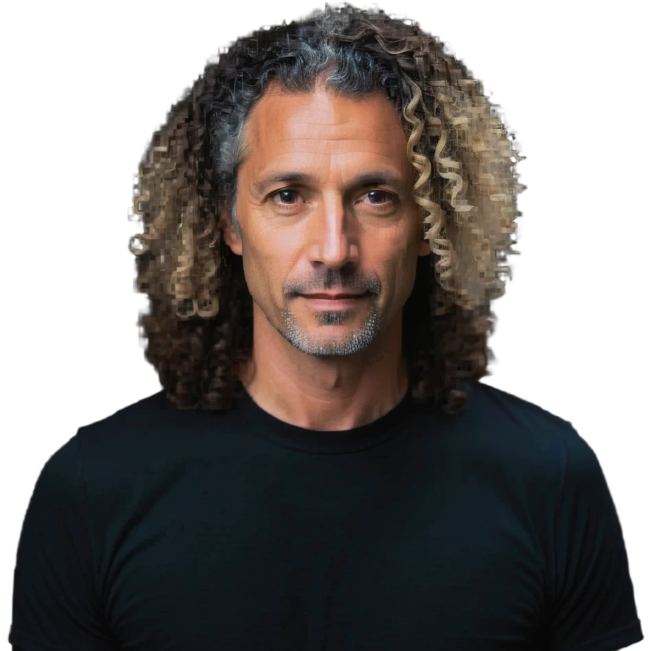 white man in his 40s with long tight curly hair and short sides emoji