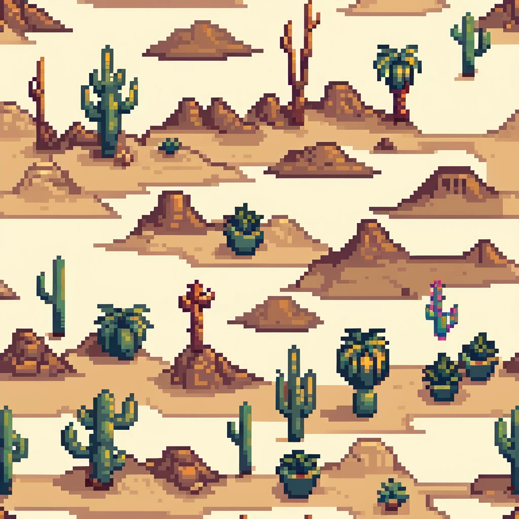 desert tile set with sand dunes, cacti, rocky formations, oasis with palm trees, desert shrubs, and ancient ruins emoji
