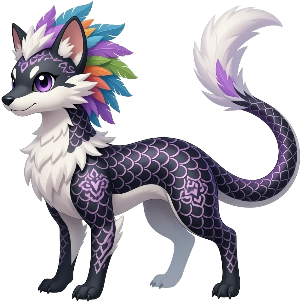 Damask-patterned Slim elegant realistic Asian Furry, feathery fluffy tropical flecked painted feathery scaly, Purple, white, black, Minccino-Bambino-Lykoi-Linoone-Zangoose-fusion-hybrid-animal-Fakémon-creature, full body, thin long sleek scaly tail, intricate markings emoji