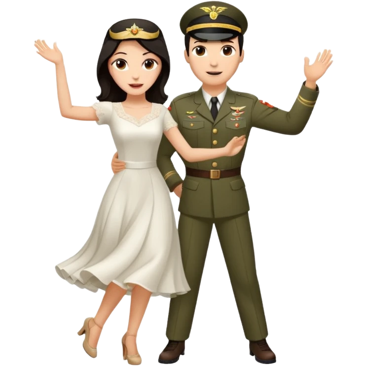 White bride with dark hair, and Military Pilot, dancing to salsa music  emoji