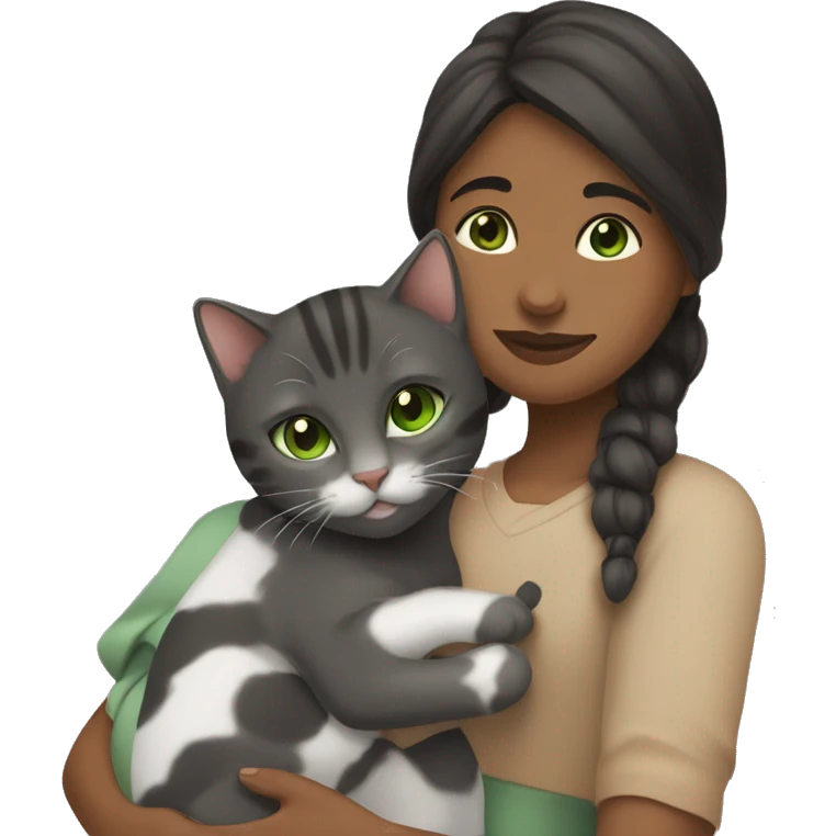 (one brownskin girl with brown eyes and black hair) cuddling (one gray tabby cat with green eyes) emoji