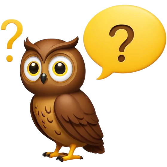 Small all Brown owl looking at a yellow question mark inside a thought bubble emoji
