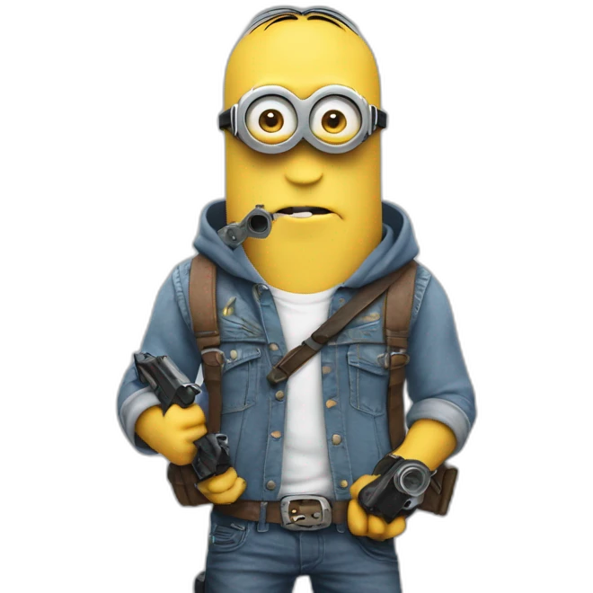 a minion in a sleeveless denim shirt with a hood with a tattoo on his hands holds two pistols emoji
