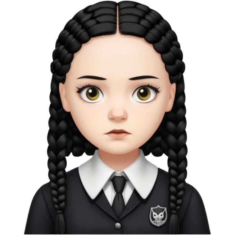 Draw Wednesday Addams (Jenna Ortega) with pale skin, black braids, dark uniform, white collar & intense stare. emoji
