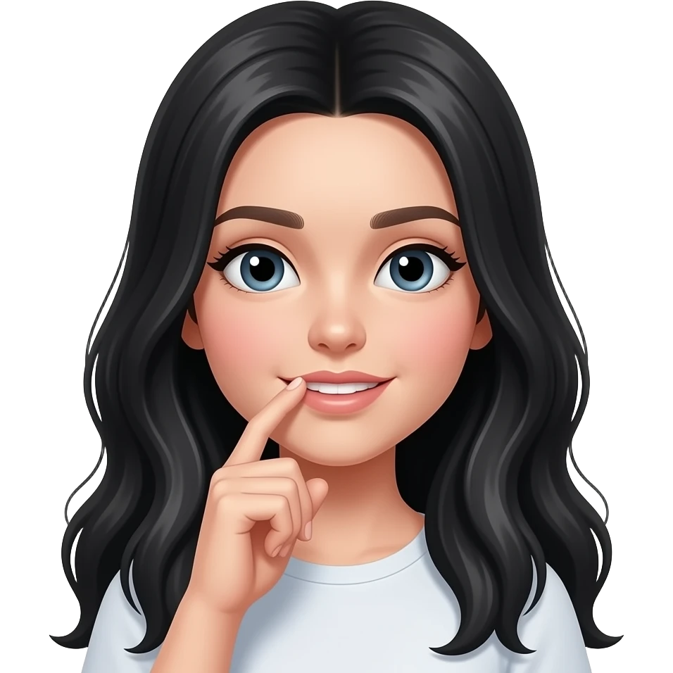 An emoji of a white girl with long black hair, holding her finger between her teeth. emoji