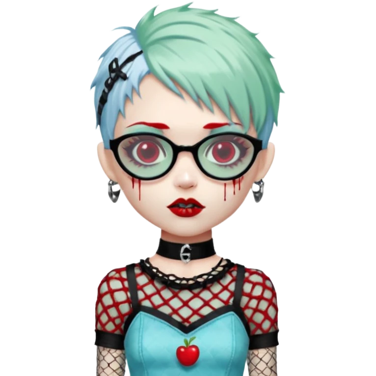 White hair, Ghoulia yelps monster high doll in scene/emo style cherry print dress with fishnet sleeves, clothes, thin, small, red, rectangle glasses, pale white-blue skin, pale-green shaggy pixie-cut , zombie scars , boy, punk choker emoji