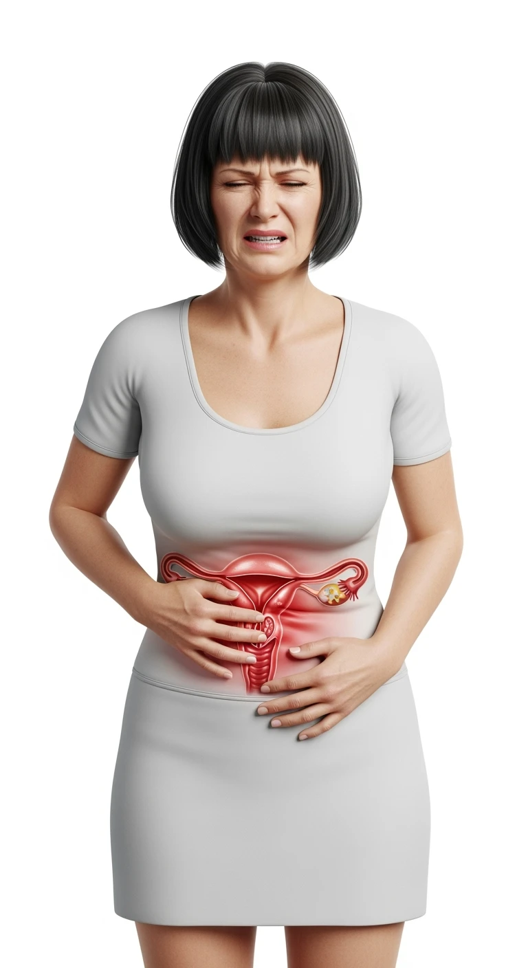 donna a figura intera con utero umano realistico in evidenza dolorante, espressione di dolore in volto, sfondo bianco, non farla computerizzata, ma iperrealistica 4k emoji