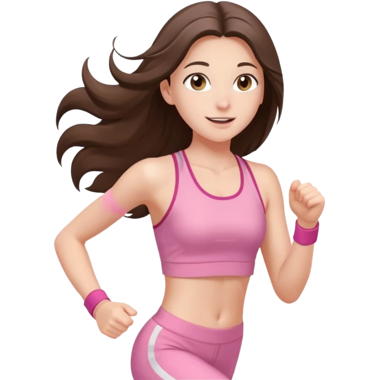 white happy brunette teen long hair with hazel eyes in light pink workout clothes jogging through finish line emoji