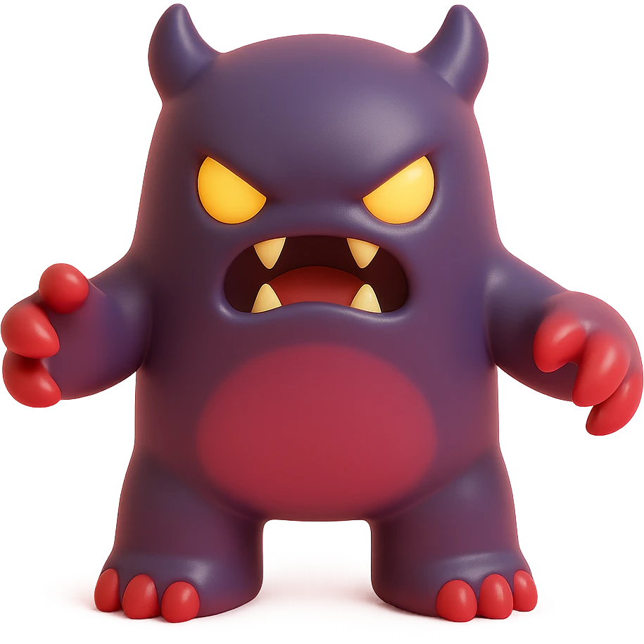 angry monster with sharp claws, glowing eyes, fierce snarl, dark purple and red palette emoji
