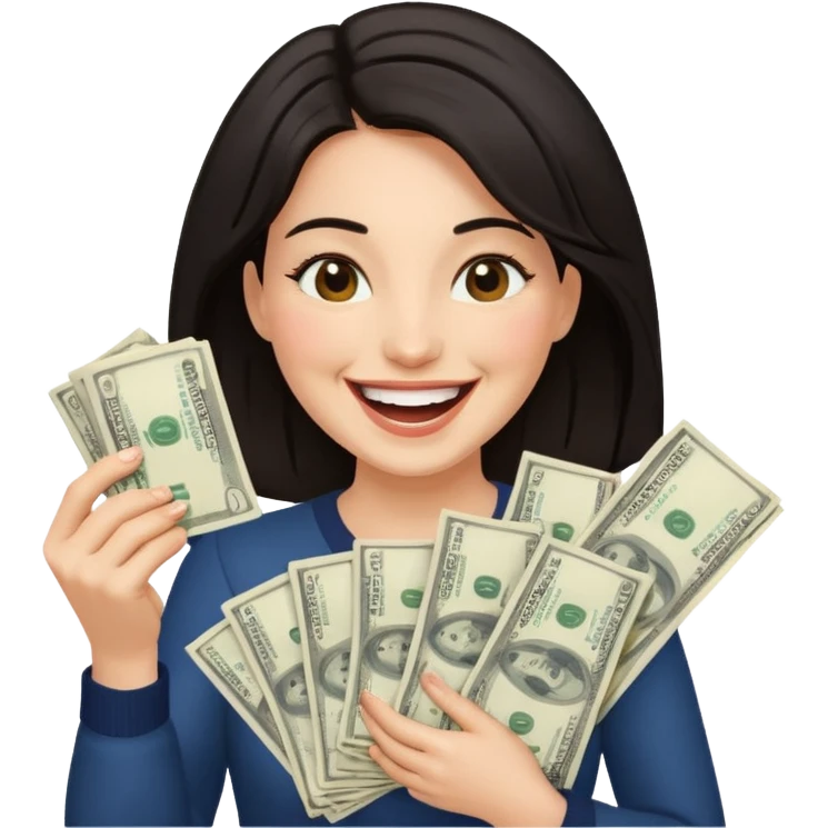 laughing dark haired woman holding lots of money emoji