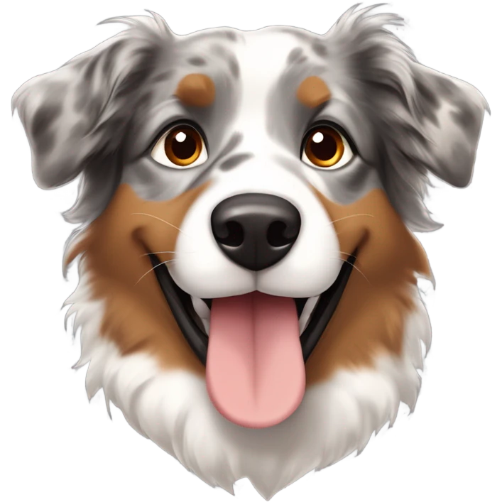 Australian Shepherd with a merle coat (gray, black, and tan), bright brown eyes, big smile, fluffy slightly perked ears, red collar with tags, and front paws crossed elegantly. emoji
