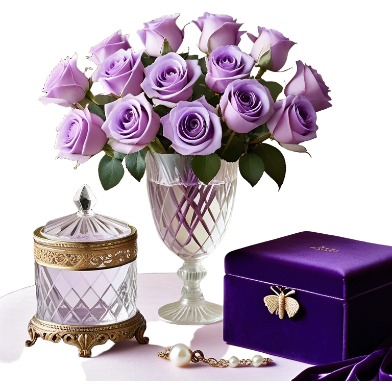 A romantic still life featuring a bouquet of freshly bloomed light violet Ascott tea roses arranged in a crystal vase, accompanied by a deep purple velvet jewelry box partially opened, revealing a pearl necklace inside. A gentle lavender butterfly flutters near the flowers, adding a dreamy touch. An elegant ivory silk ribbon is loosely draped around the arrangement, leading towards an ornate vintage-style perfume flacon in soft pearlescent tones, radiating an air of timeless sophistication emoji