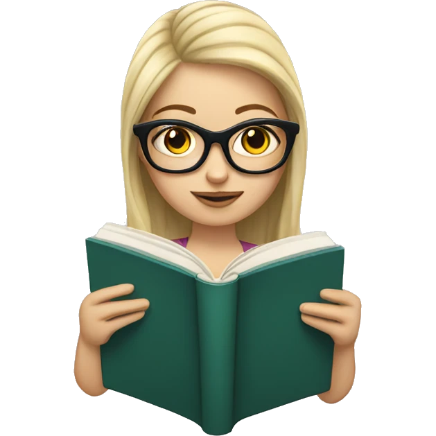 White girl wearing lunettes reading a book emoji