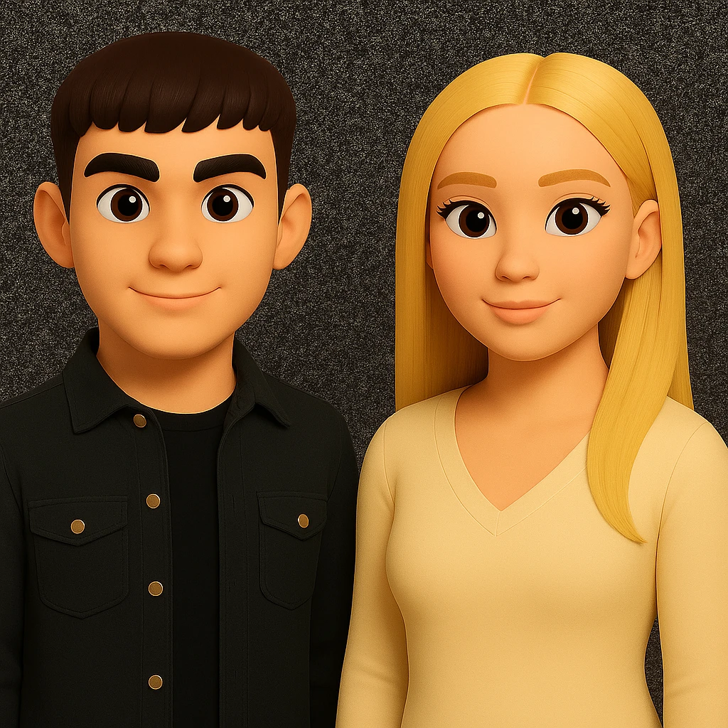 Make the people stand a little further apart from each other, preserving the original style and background as shown in the reference image. emoji