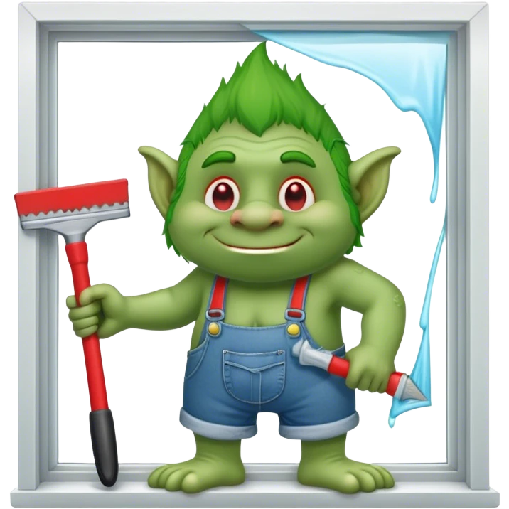Troll wearing jorts cleaning a window using red squeegee emoji