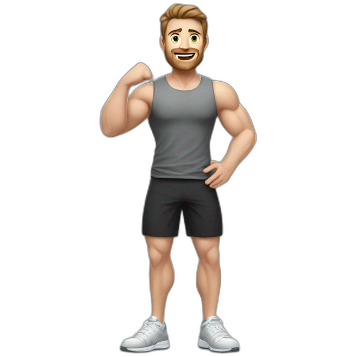 Full height Actively gesturing  with hands Pale skinned Fit Man With the biceps and brown hair in dark gray Sleeveless Mike, black oversize sports shorts, watch and white Sneakers emoji