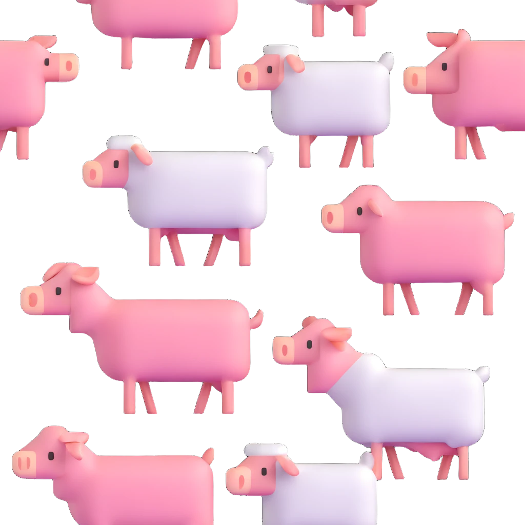 Minecraft style sheep, blocky pig friend, and blocky chicken friend together emoji