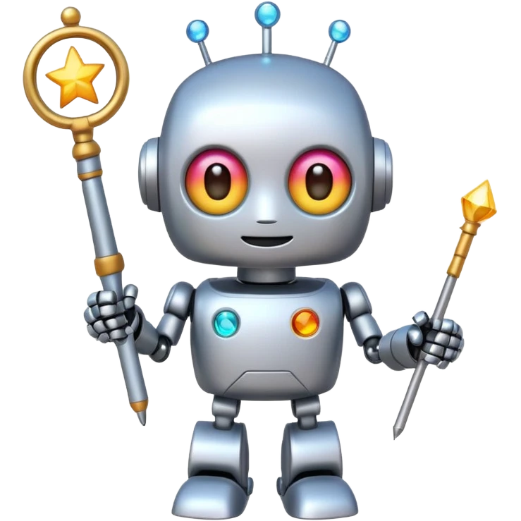 A cute robot is holding a magic wand, magic, emoji emoji