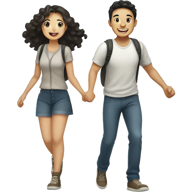 Cute Asian couple (girl with curly long hair guy with short straight hair) excitedly traveling  emoji