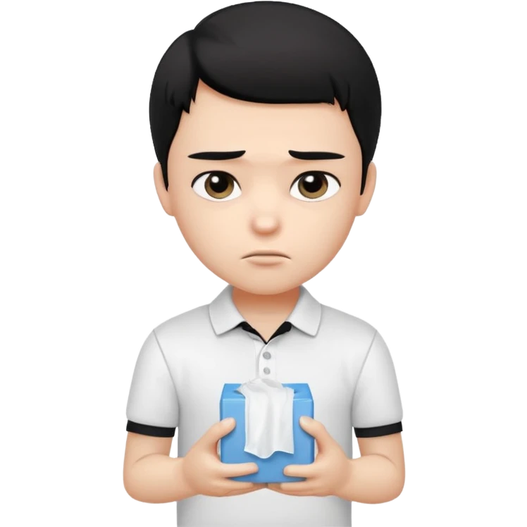 generate a pretty bratz boy with black hair, wearing a white polo shirt. Looking sad, holding a box of tissues emoji