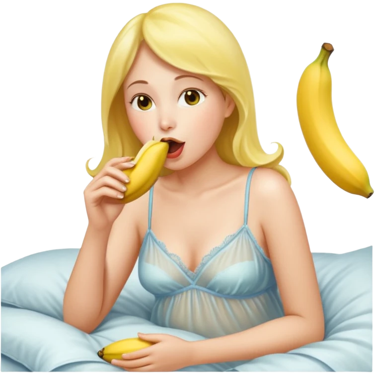Frau in durchsichtigem Nachthemd leckt an einer ganzen Banane im bett ohne ander Bananen emoji