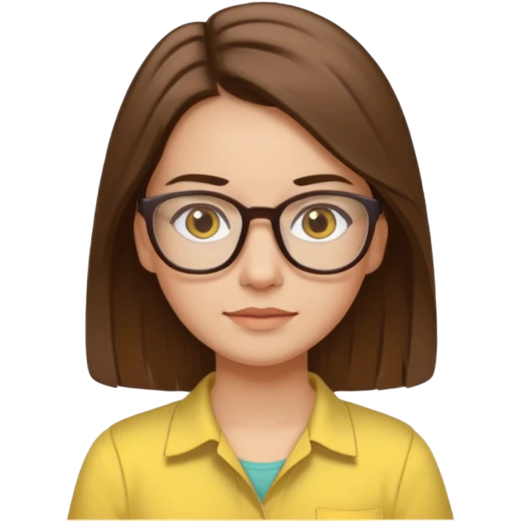 Hawaii female with white skin. Shoulder length straight brown hair. Brown eyes with glasses. Female wearing baby yellow shirt. emoji