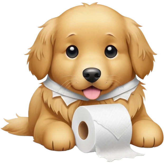 A sweet golden retriever with a roll of shredded toilet paper emoji