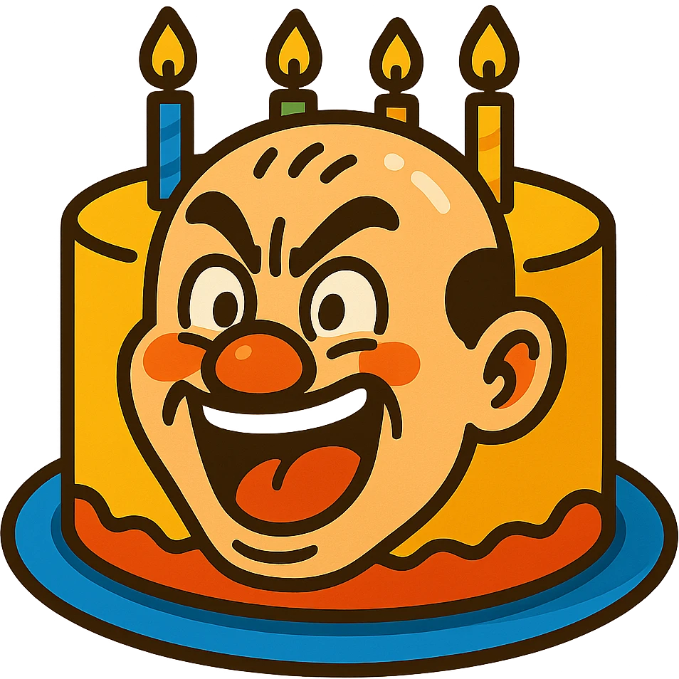 cartoon style cake shaped like the face of Bald Qiang with a vivid expression, bright colors, suitable for celebration emoji