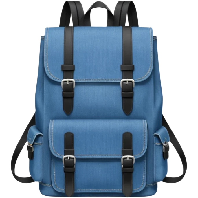 a blue denim backpack with a flap top, two vertical *black buckle straps* on the front. The backpack has two side pockets and a soft square shape. 

 emoji