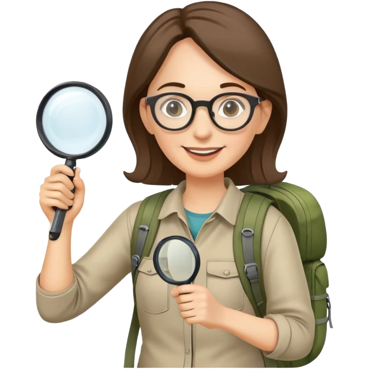 Happy woman hiker in her 40s with glasses and backpack, holding exactly one magnifying glass in one hand only emoji
