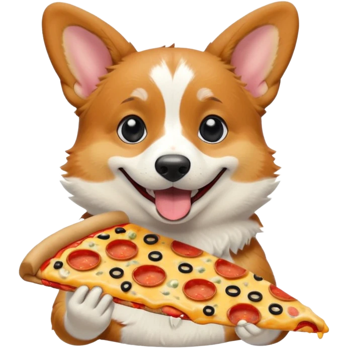 black tri-color corgi eating pizza emoji