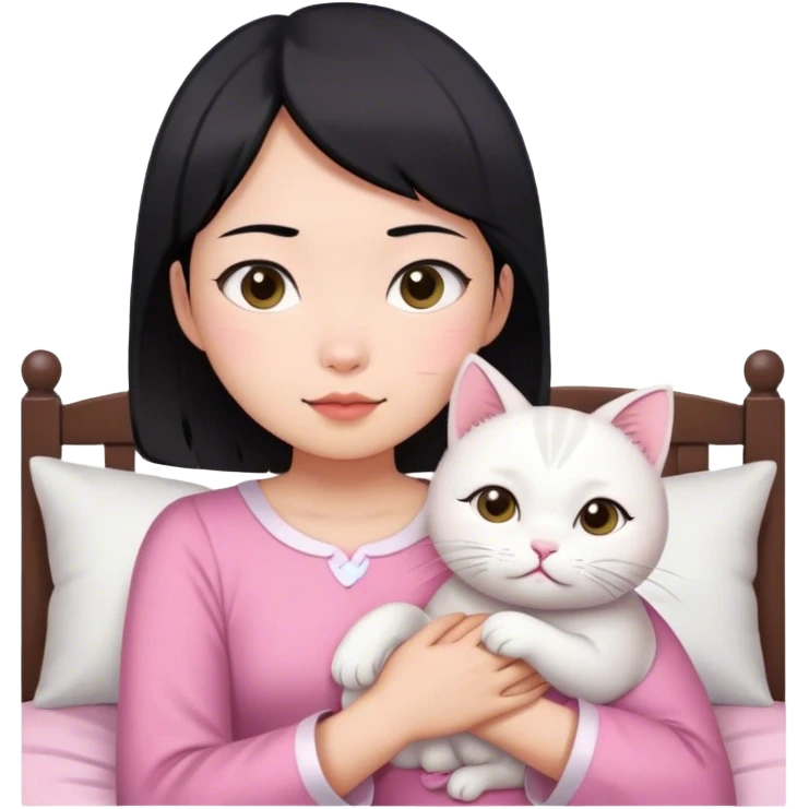 Short hair Asian girl wake up with white cat in pink dress  emoji