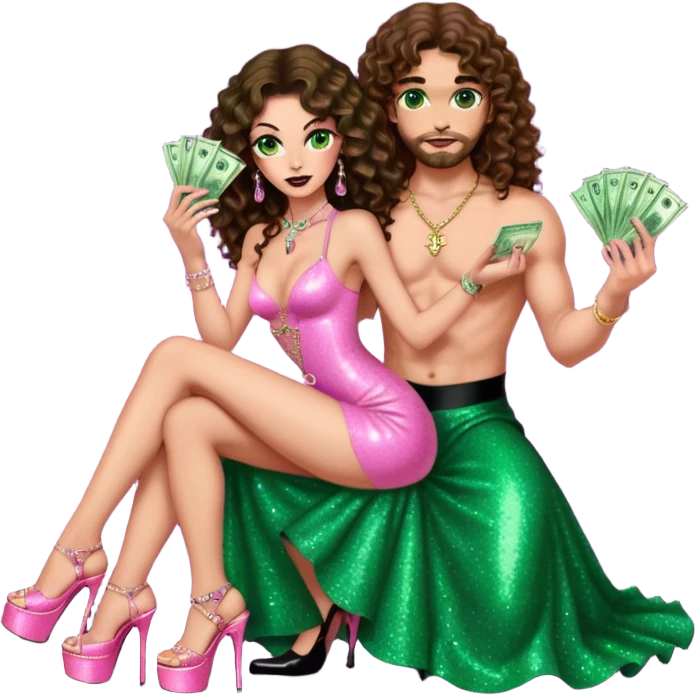 Sensual woman green eyes brown long curly hair evil occult,with 7 inch platform stripper high heels pink with glitter dress, holding a Spanish man, sitting on a short dark hair man’s pimp lap, holding cash emoji