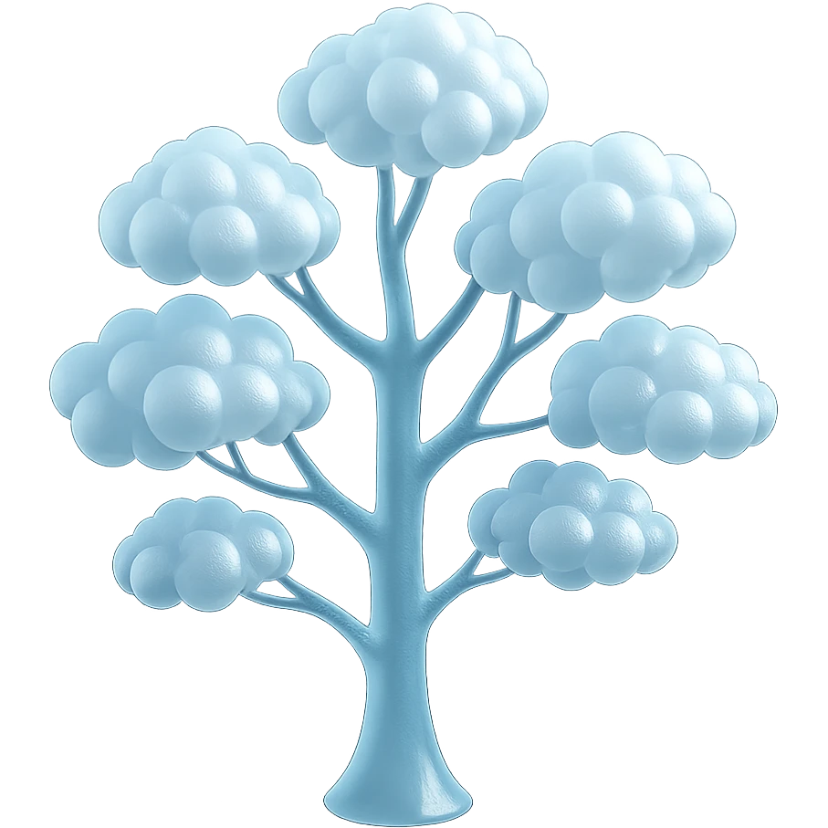 one tree with many branches and a white trunk, crown made of small very bright white fluffy convex clouds, matte glass style emoji