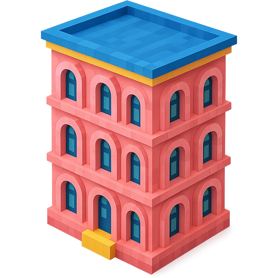 old Saint Petersburg building, pink pastel facade, arched windows, isometric view emoji